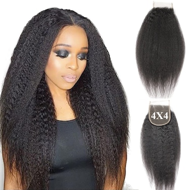4X4 inch Kinky Straight Top Closure With Baby Hair 16 Inch 1B Virgin Remy Brazilian Human Hair Lace Closure Pieces