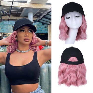 FORCUTEU Hat Wigs for Women Baseball Cap with Hair Extensions Short Wave Synthetic baseball Cap Wig for Women Adjustable Hat with Hair Attached for Daily Use(14inch)
