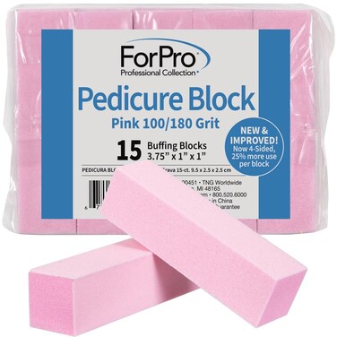 ForPro Professional Collection Pink Pedicure Block, 100/180 Grit, Three-Sided Pedicure Nail Buffer, 3.75&rdquo; L x 1&rdquo; W x 1&rdquo; H, 15-Count