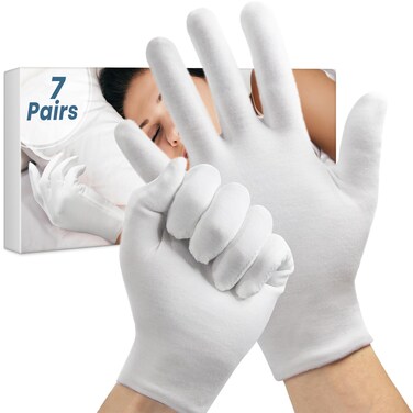 7 Pairs White Cotton Gloves for Dry Hands Sleeping, Washable Lotion Eczema Moisturizing Gloves Overnight for Women Men Halloween Wedding Costume, Safety Work Liner for Serving Inspection