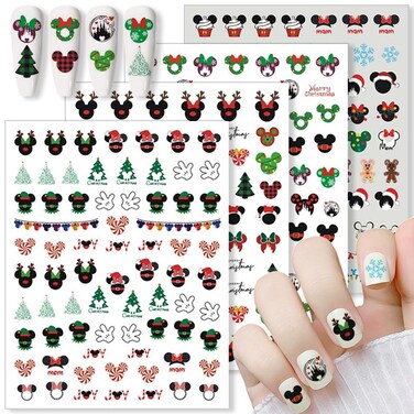4 Sheets Christmas Nail Art Stickers Cute Mickey Minnie Nail Stickers Decals Christmas Tree Snowflake Candy Self Adhesive Nail Design Mickey Nail Decals for Women DIY Xmas Mickey Nail Decoration