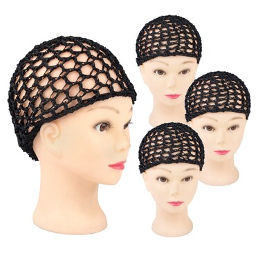 Framendino, 4 Pack Mesh Crochet Hair Net Rayon Knit Snoods Hat Thick Hairnet Snood Cover Ornament for Night Sleeping Accessories (Black)
