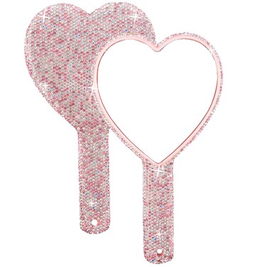 Framendino, 1 Pack Large Rhinestone Handheld Mirror Heart Bling Glitter Cosmetic Dazzling Portable Hand Mirrors with Handle for Women Wedding Pink