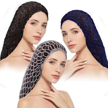 Framendino, 3 Pieces Long Mesh Crochet Hair Net Sleeping Cap Soft Accessories for Women Multicoloured