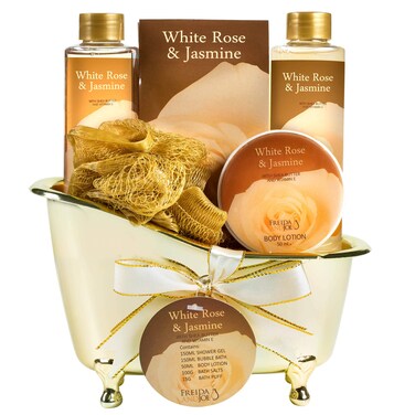White Rose Jasmine Spa Set For Women in Elegant Gold Tub Includes Shower Gel, Bubble Bath, Body Lotion, Jasmine Bath Salt, Pouf, Award Winning Bath Body Set Valentines Gift for Women