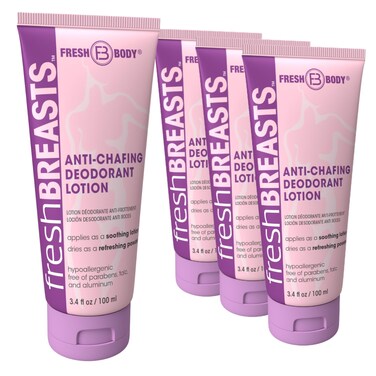 Fresh Body FB Fresh Breasts Anti-Chafing Deodorant Lotion to Powder, 3.4 Fl Oz (4 Pack) Anti Chafe Cream Whole Body Deodorant for Women, Inner Thighs &amp; Areas that Sweat, No Talc, Aluminum &amp; Fragrance