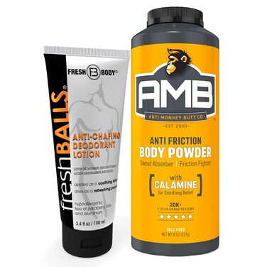 Fresh Body FB Anti-Monkey Butt Powder AMB, 8oz Anti-chafing Powder and Balls Lotion, 3.4oz, Men's Lotion to Powder Ball Deodorant - No Sweat Bundle, Hygiene for Groin Area