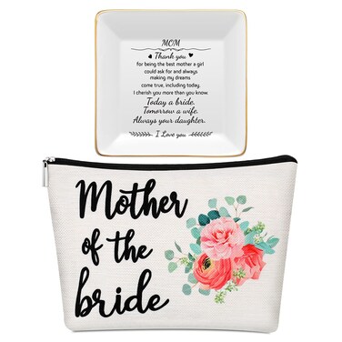 Frienda 2 Pack Mother Of The Bride Groom gifts Mother Of The Bride Groom Makeup Bags and Jewelry Dish Tray Bride Mother Gift Canvas Cosmetic Bag for Mom Wedding Gift(Mother of the Bride)