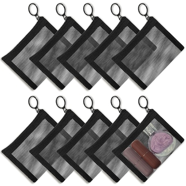 Frienda 10 Pcs Small Mesh Bags with Zipper Mini Zipper Mesh Bags Nylon Cosmetic Coin Purse Pouches Portable Reusable Storage Pouch with Keychain for Women Home Travel(5 x 4 Inch,Black)