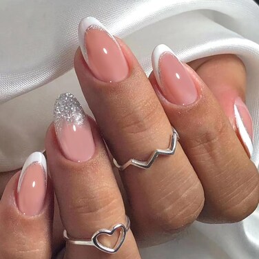 Press on Fake Nails French Tip Almond Glue on Nails, Acrylic False Nails Press ons, 24 PCS 8 Sizes Stick on Nails for Women Girls Finger Manicure Small/Big/Long/Short/Flat/Wide Nail Beds