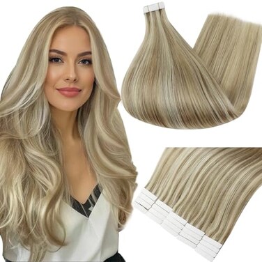 Full Shine Tape in Hair Extensions 20 Inch Natural Remy Hair Extensions 50 Gram Color 16 Highlight 22 Blonde Double Sided Tape Hair 20 Pcs Real Human Hair Tape in Extensions for Women