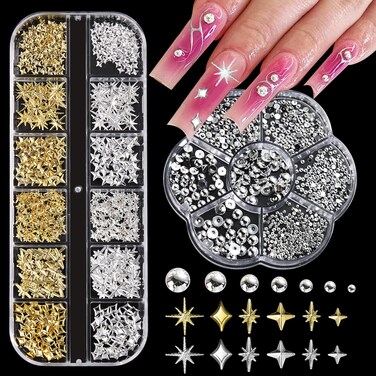 Gold Star Nail Charms, 3D Silver Nail Gems Metal Nail Charms Cross Stars Alloy Flatback Nail Studs Y2K Half Round Caviar Beads Jewels Manicure Decoration DIY Nail Art Accessories (2 Boxes)