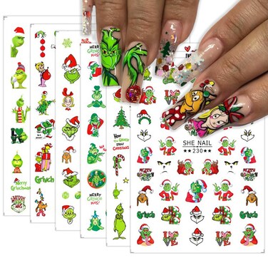 Christmas Nail Art Stickers Funny Cartoon Green Monster Design 3D Self-Adhesive Nail Decals Xmas Tree Santa Claus Acrylic Nail Decor Winter Nail DIY Manicure Accessories for Women
