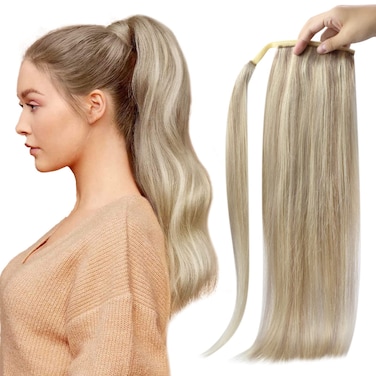 Full Shine Ponytail Extension Ash Blonde Highlights Wrap Around Ponytail Human Hair 18Inch Clip in Hair Piece Natural Straight Hair Extensions for Women 80Grams