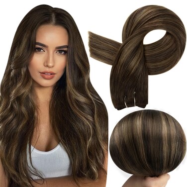 Full Shine Sew in Hair Extensions Real Human Hair Weft Hair Extensions Brown Highlighted Human Hair Weft Extensions 24Inch Sew in Hair #2/8/2 Balayage Dark Brown to Light Brown 105g