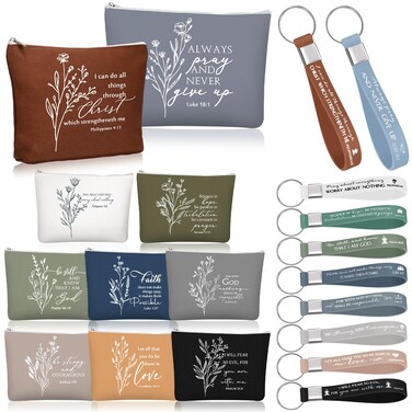 Fumete Easter Gifts Bulk for Women with Inspirational Bible Keychains and Boho Canvas Makeup Bags Religious Thank You Employee Gifts for Church Adults(Boho Color,10 Set)