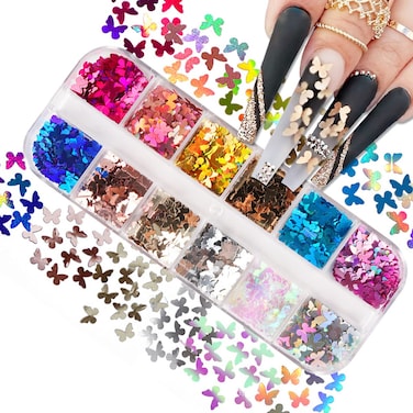 3D Butterfly Nail Glitter Sequins Holographic Laser Butterfly Nail Art Stickers Decals Butterfly Glitter Nail Designs Confetti Nail Sparkle Glitter Flakes Butterflies for Acrylic Nails Craft,12Girds