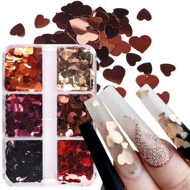 6 Grids 3D Heart Nail Glitter Sequins Valentine's Nail Art Stickers Love Nail Decals Holographic Laser Heart Nail Designs Red Gold Nail Flakes Shiny Glitter Nail Art Decoration