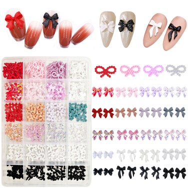 3D Bow Nail Charms Set, 300pcs Colorful Bowknot Nail Accessories Set Resin Flatback Nail Art Design for Manicure DIY Acrylic Nail Supplies