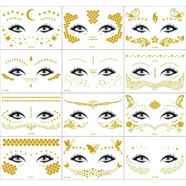 12 Sheets Gold Face Temporary Tattoo Sticker, Glitter Metallic Face Tattoo Stickers, Face Gold Temporary Transfer Tattoo Party Decor Freckle Sticker for Women Girls（Gold Face Stickers）650