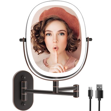 Rechargeable Wall Mounted Lighted Makeup Mirror, 8 Inch Double Sided LED Vanity Mirror 1X/7X Magnification,3 Color Lights Touch Dimmable Oval Frame 360&deg;Swivel Magnifying Bathroom Mirror Antique Bronze