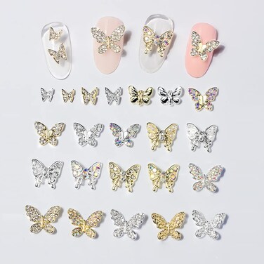 22 Pcs 3D Butterfly Nail Charms Crystals Diamonds Rhinestones, Metal Alloy Gold Silver Butterflies Charms Gems Design for Women Nail Art Decoration Craft Jewelry DIY.