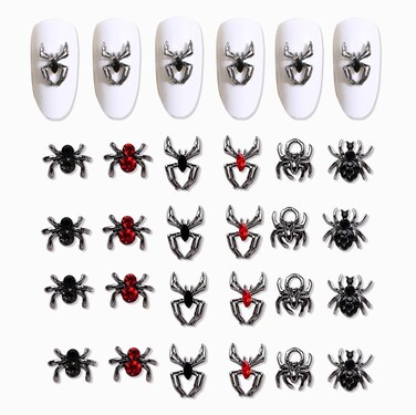 24 Pcs 3D Halloween Spider Nail Art Charms Crystals Diamonds Rhinestones, Metal Alloy Gothic Black Red Gems Nail Accessories for Women Nail Art Decoration Craft Jewelry DIY(6 Styles)