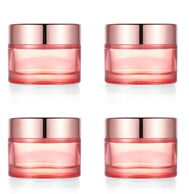 Pink Glass Cream Jar,4 Pack 1.7 oz/50g Face Lotion Jar Pot,Empty Refillable Glass Cosmetic Cream Bottle Container With Rose-Golden Cover,Inner Liners for Moisturizer,Eyeshadow,Makeup Emulsion