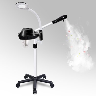 Professional Facial Steamer, 2 in 1 Facial Steamer on Wheels with 5X Magnifying Lamp, Ozone Facial Steamers Adjustable Height, Steamer for Facial for Salon, Spa and at Home Use
