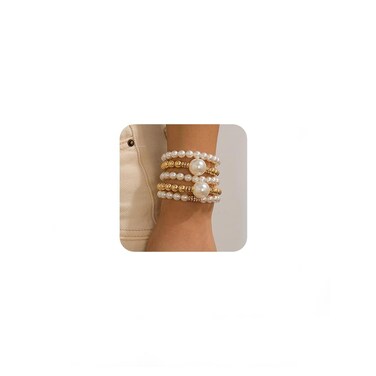 Fashion Boho Dainty Simple Silver Gold Chain Pearls Bracelets Set for Women Adjustable Chunky Flat Cable Chain Love Punk Bracelets for Women 5Pcs