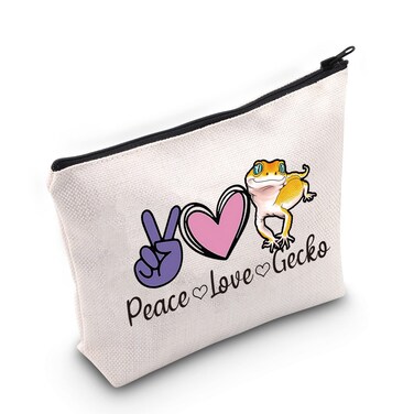 Leopard Gecko Lover Gift Peace Love Gecko Makeup Bag Pet Lizard Lover Cosmetic Bag Reptile Gecko Owner Gift Travel Bag with Zipper (Peace Love Gecko White Bag)