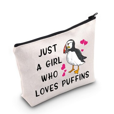 G2TUP Puffin Bird Lover Gift Who Loves Puffins Birds Makeup Bag Puffin Cosmetic Bag Seabird Animal Lover Gift Birdwatching Birdwatcher Travel Bag with Zipper (Puffins White Bag)