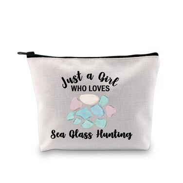 G2TUP Sea Glass Hunter Gift Who Love Sea Glass Hunting Makeup Bag Beach Glass Cosmetic Bag Beachcombing Life Gift Beachcomber Zipper Travel Bag (Who Love Sea Glass White Bag)