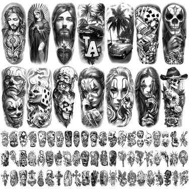 77 Sheets Chicano Temporary Tattoos Adult, Large Fake Tattoos Chicano Guadalupe Gangster Prisoner Day of the Dead, Mexico Clown Tattoos Stickers for Men Women