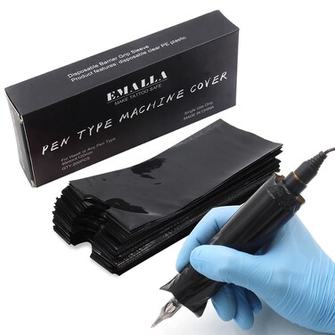 200pcs Clear Tattoo Machine Pen Covers Tattoo Pen Sleeves Plastic Dustproof Protection Black Bags for Tattoo Professionals&hellip;