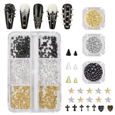 Punk Goth Nail Art Studs Beads Chrome Nail Charms Cross Heart Silver Gold Y2k Nail Gems Cone Spikes Alloy Nail Rivets Jewelry for Women Goth DIY Crafts Decorations Accessories
