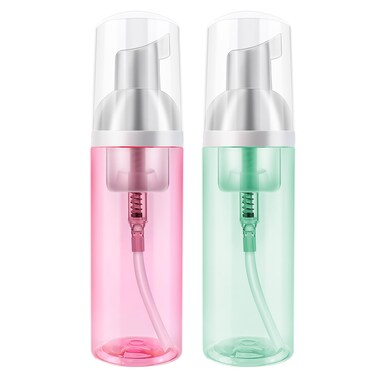 2 Pack Travel Foam Pump Bottle 60 ml/2 oz - Small Size Foam Spray Bottle &amp; Pump Bottle Dispenser for Face Wash, Lash Shampoo, Skin Care - Clear Plastic Mini Empty Refillable Containers