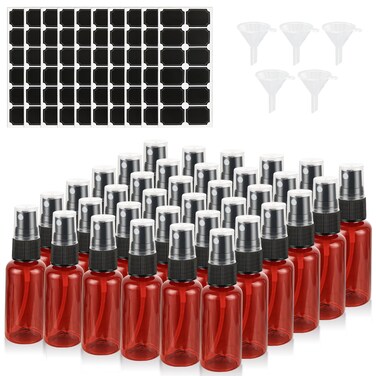 60PCS 1 oz Plastic Amber Spray Bottle, Empty Small Amber Spray Bottle with Sticker and Funnel, Refillable Mini Mister Spray Bottle for Essential Oils, Bath &amp; Cleaning