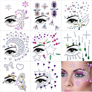 8 Sheets Halloween Face Gems Glitter, Festival Face Jewels Stick On Self Adhesive Face Stickers Rhinestones Crystals Stickers Eyes Body Temporary Tattoos for Halloween Festival Carnival Party