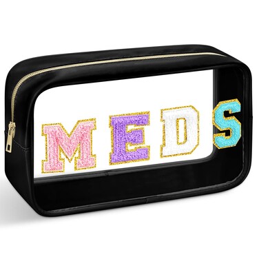 Geetery Chenille Letter Bag Nylon Makeup Bag Portable Bag Makeup Cases Preppy Patch Makeup Bag with Zipper Cosmetic Toiletry Storage Bag for Women(Black,Original MEDS)
