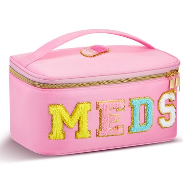Geetery Chenille Letter Bag Nylon Meds Makeup Cases Preppy Patch with Zipper, Portable Cosmetic Toiletry Storage Bag for Women(Pink)