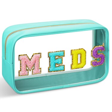 Geetery Chenille Letter Bag Nylon Makeup Bag Portable Bag Makeup Cases Preppy Patch Makeup Bag with Zipper Cosmetic Toiletry Storage Bag for Women(Green,Cute MEDS)