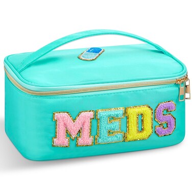 Geetery Chenille Letter Bag Nylon Meds Makeup Cases Preppy Patch with Zipper, Portable Cosmetic Toiletry Storage Bag for Women(Green)