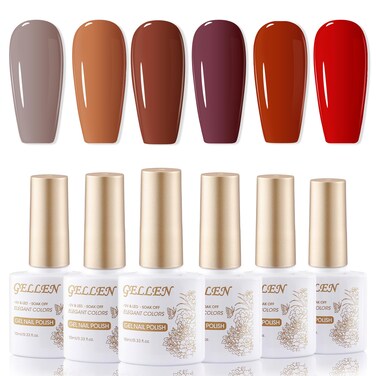 Gellen Gel Nail Polish Set, 0.33 Fl.Oz 6 Colors Fall Winter Red Brown Gel Polish Kit No Wipe Soak Off Glossy UV Gel for Nail Manicure DIY Art Salon Home