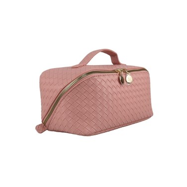 Large Capacity Travel Makeup Bag, PU Leather Makeup Bag Organizer, Toiletry Bag for Women with divider, Cosmetic Bags for Women Leather Waterproof Cosmetic Bag, Open Flat Design (Pink)