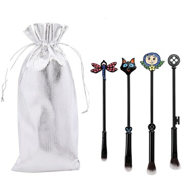 Caroline's The Secret Door Makeup Brushes - 4 Pcs Yellow Girl Dragonfly Hair Clip Black Cat Button Makeup Brush Set, Professional Makeup Toolkit for Holiday Gifts for Ladies (Caroline makeup Brushes)