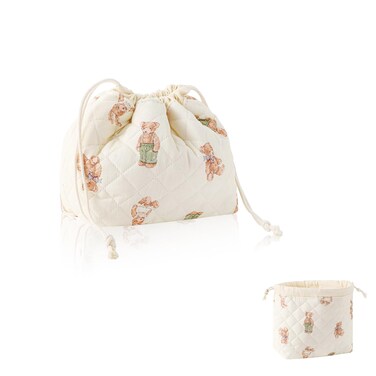 Drawstring Makeup Bag - Cute Bear Quilted Bag for Women, Collapsible Travel Cosmetic Organizer with Large Capacity, Cotton Toiletries Holder