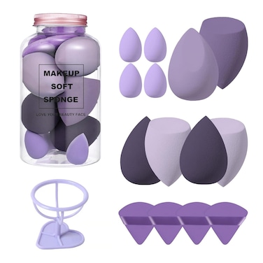 Makeup Sponge Set,14 Pcs Soft Beauty Blender Sponges with Puffs and Stand, 2024 New Dry &amp; Wet Use Beauty Sponges Set Foundation Blending Sponge for BB Creams, Concealer (Purple)