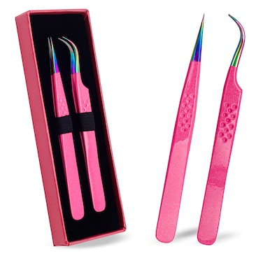 Precision Eyelash Extension Tweezers,Straight And Curved, with Fiber Tip, Volume &amp; Isolation Tweezers, Japanese Stainless Steel, Unique Spotted Design (Pink Color)