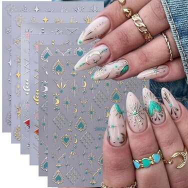 6 Sheets Sun Star Nail Stickers for Nail Art 3D Blue Silver Gold Star Moon Nail Art Stickers Self-Adhesive Heart Star Sun Moon Designs Heart Nail Decals Nail Art Supplies for Women Girls Acrylic Nails